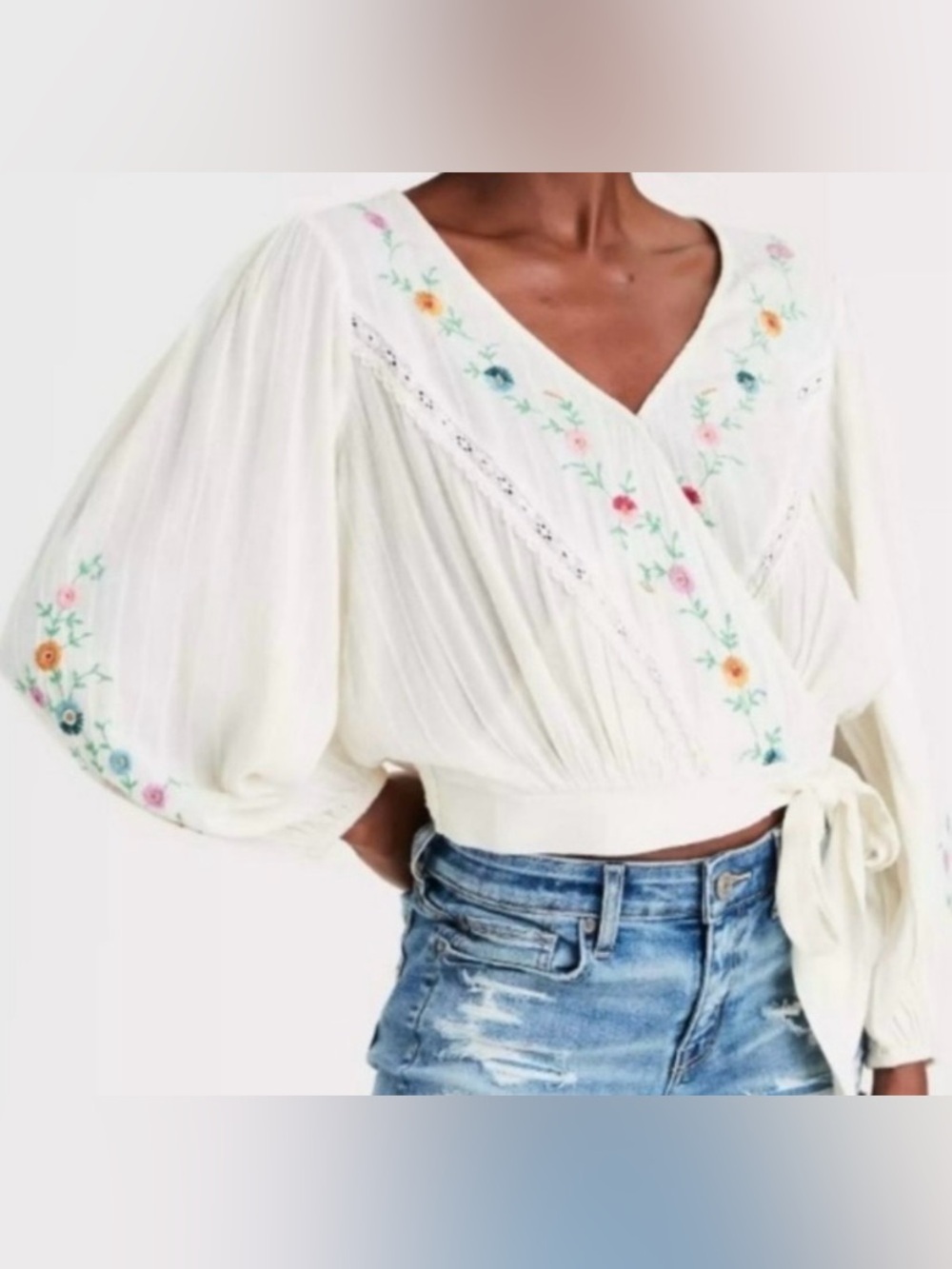 Bohemian American Eagle Floral Embroidered Wrap Top